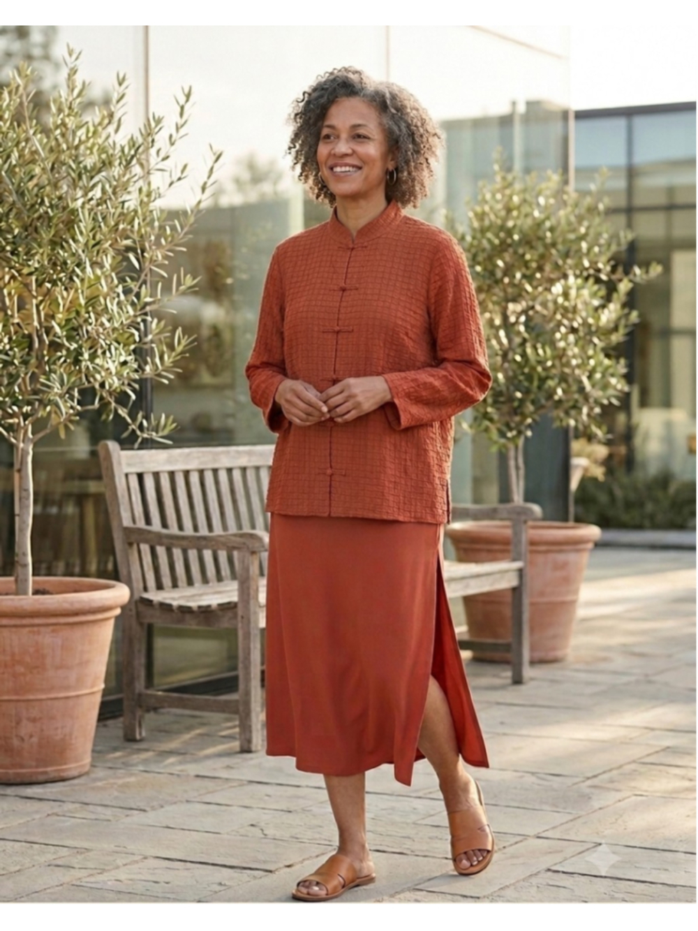 Eileen Fisher Burnt Orange Silk Box Linen Skirt Set Sz M Georgette Asian Kimono
